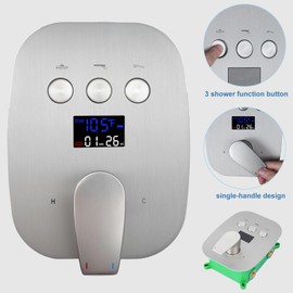 WHSHOWER 3 Way Shower Mixer Valve Kit Brushed Nickel Solid Brass Digital Display Temperature Control Pressure Balancing Mixer Shower Diverter Valve Kit Replacement