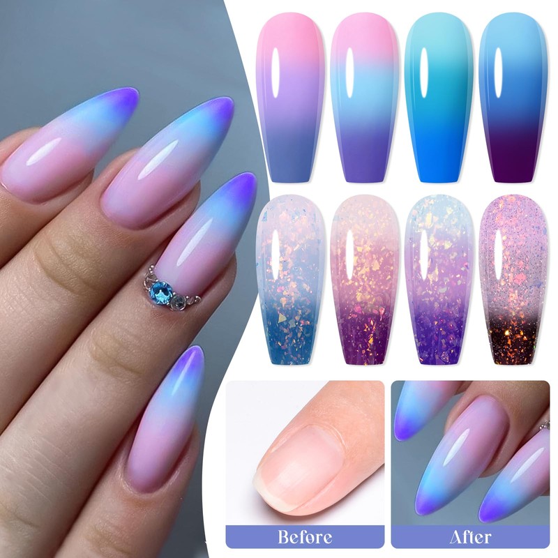 8Pcs Color Changing Gel Nail Polish Set Nude Pink Purple