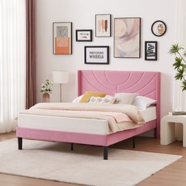 VECELO Queen Size Bed Frame Upholstered Platform with Fabric Headboard/Wooden Slats Support/No Box Spring Needed/Mattress Foundation,Pink