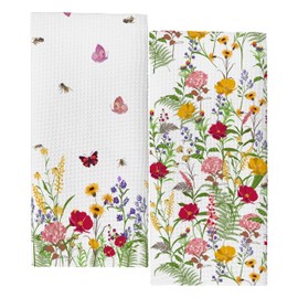 NQDWX Wildflower Floral Seasonal Spring Summer Kitchen Towels,Butterfly Bee Dish Towels Drying Cloth Hand Towels for Farmhouse Kitchen Bathroom,16x24 Inches Set of 2.(019)