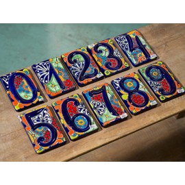 Handmade Address Number House Numbers Ceramic Tile Mexican Talavera Pottery Wall Art Indoors Outdoor Decor Garden Decor Sign 3.75" x 5.75" (Number 7)