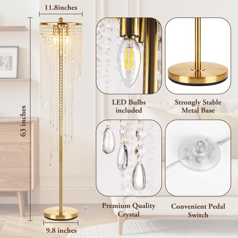 QiMH Crystal Floor Lamp for Living Room/Bedroom Decor, Bling Elegant