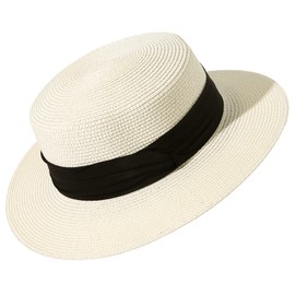 Lanzom Sun Hats for Women Wide Brim Straw Boater Hat Foldable Packable Beach Hat for Summer (Ivory White, Medium)