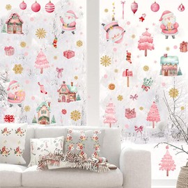 6Sheets Pink Christmas Window Clings Cute Santa Claus Window Stickers Double-Sided Xmas Gift Tree Bell Snowflakes Window Decor Christmas Window Decals for Office Party Home Winter Decoration Supplies