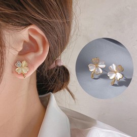 Zeshimb Four Leaf Clover Earrings Opal CZ 4 Leaf Clover Post Stud Earrings Lucky Gold Clover Earrings Hypoallergenic Statement Earrings Jewelry for Women Girls