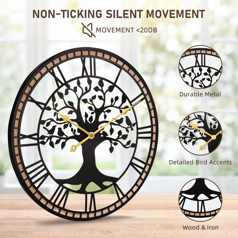JXQXYN Large Wall Clock,14“ Tree of Life Metal & Wood