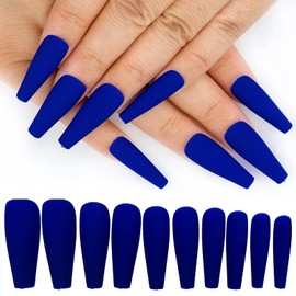 AddFavor 100pcs Coffin Fake Nails Full Cover Long Press on Nails Pure Color Matte Acrylic False Nail Tips for Women and Girls (Royal Blue)