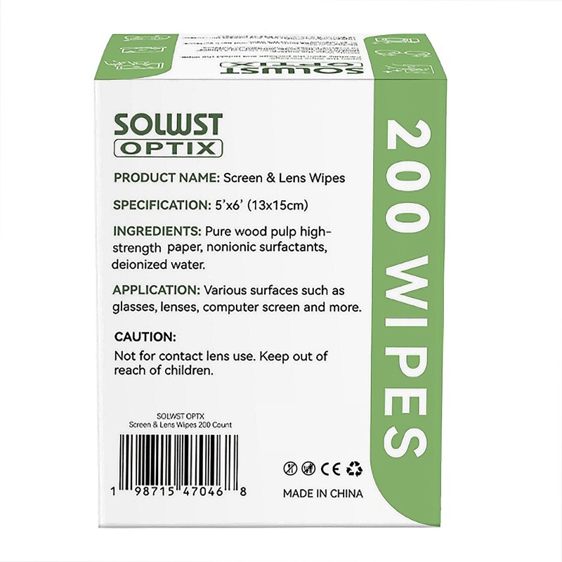 SOLWST Optix Lens Cleaning Wipes - 200 Pre-Moistened, Individually Wrapped