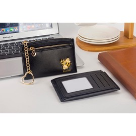 knockno Leather Zip Credit Card Holder Case with 1 Clear Window for Women Girls, Gold Bee Coin Change Wallet with Zipper Pocket Wallet Heart-shaped Key Ring, Black, Bee