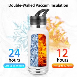 Insulated Water Bottle With Straw,32 oz Vacuum Insulated Stainless Steel Sports Water Flask with 2 Lids & 2 Straws,Keeps Cold and Hot,Metal Water Bottle Wide Mouth for Gym Travel Camping(White, 32oz)