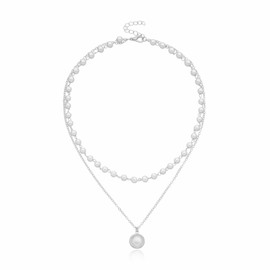 Layered Pearl Choker Necklace Gold Silver Plated Dainty Charm Double Layer Small White Pearls Beads Round Chain Necklace for Women Minimalist Wedding Bridal Birthday Christmas Party Trendy Jewelry (Silver)