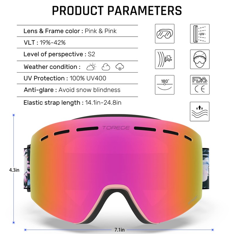 TOREGE Ski Goggles, Snow Sports Goggles with Anti-fog Spherical Lens,