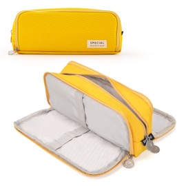 Large Pencil Case with 3 Compartments for Teenage Girls & Boys, Aesthetic Accessories Colour School Supplies Pencil Case Storage Case Portable Office Pencil Case for Students (Yellow)