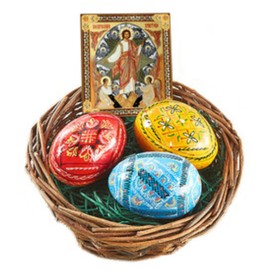 Needzo Ukrainian Easter Basket with Hand Painted Pysanky Eggs and Mini Resurrection of Christ Icon, 3 x 2.5 Inches