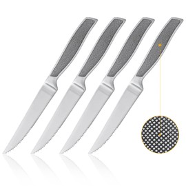 Juego de cubertería de acero inoxidable con mango sólido negro mate, cuchillos de carne ultra afilados. Cuchillos de cena de 4 piezas para cocina con la mejor cuchilla para carne y cocina, apto para lavaplatos