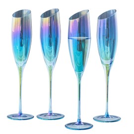 MyGift Iridescent Blue Angled Rim Champagne Flute Set of 4, Sparkling Wine Stemless Glasses, Rainbow Transparent Prosecco Wine Glass, Cocktail Mimosa Glass Set, Holiday New Year Toasting Glass
