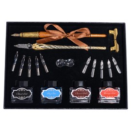POHNPICE Calligraphy Pen Set Include Vintage Fountain Wooden Pen Glass Dip Pen for Beginners, 4 Colors Bottles of Ink, 10 Replaceable Nibs, 2 Pen Holders