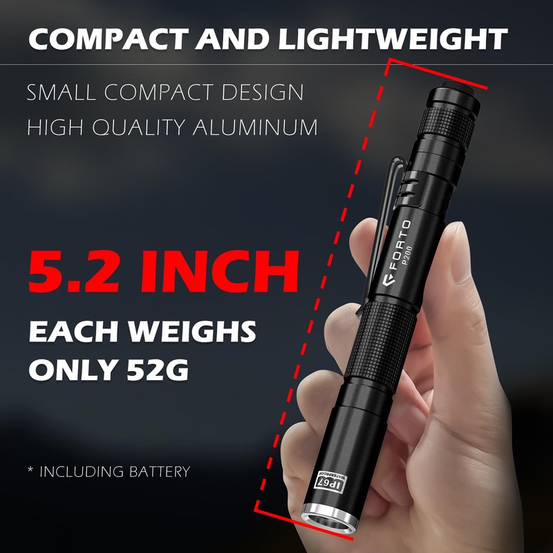 FORTO LED Pen Light, 200 Lumens Pocket Flashlight, IP67 Waterproof,