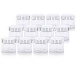 JUVITUS 6 oz Clear PET Plastic Refillable Low Profile Jar with Silver Metal Overshell Lid (12 Pack)