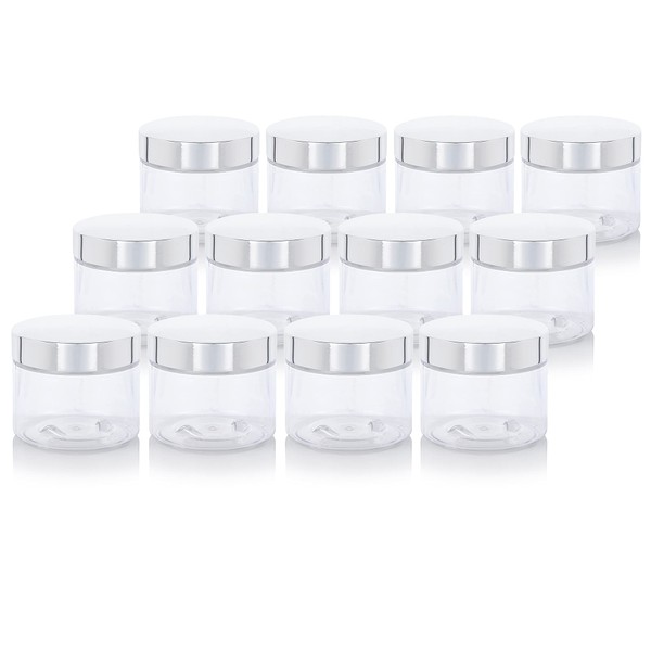 JUVITUS 6 oz Clear PET Plastic Refillable Low Profile Jar with Silver Metal Overshell Lid (12 Pack)