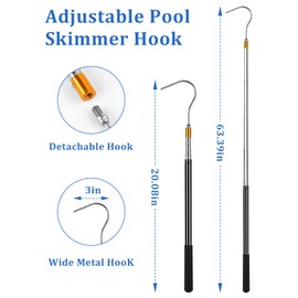 bomis Pool Skimmer Basket Hook, Extendable Pool Filter Skimmer with Anti-Slip Handle, 63.4 Inch Skimmer Basket Pole, Pool Lid Basket Lift Tool Cleaning Tool, for Pool Skimmer Basket with Handle
