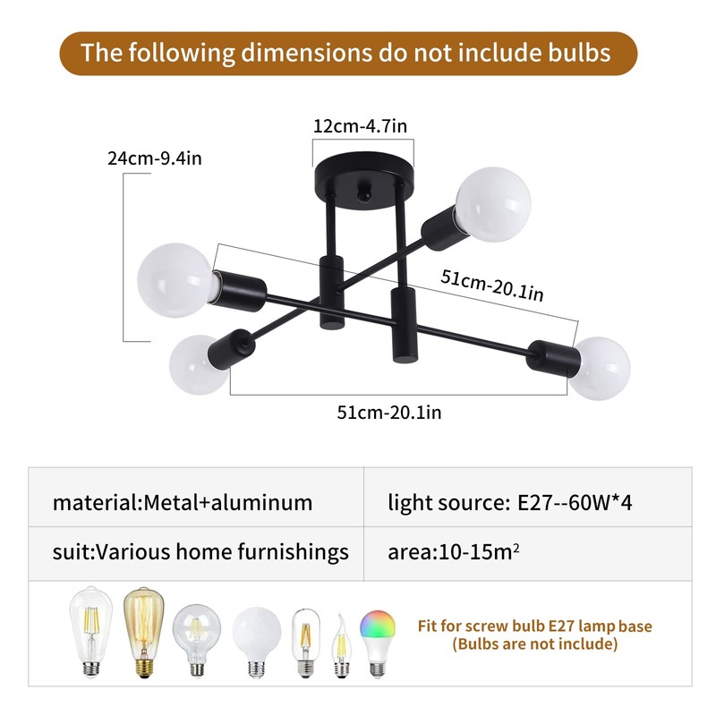 Ganeed Black Sputnik Chandelier, Industrial Semi Flush Mount Ceiling Light,