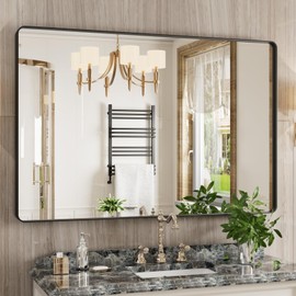 JISOSO Black Bathroom Mirror 48X32 Inch, Black Metal Framed Mirror for Wall, Rounded Rectangle Matte Bathroom Vanity Mirror with Tempered Glass, Anti-Rust, Horizontal/Vertical