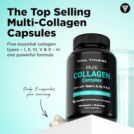 Vital Vitamins Multi Collagen Pills for Women & Men (2-Pack) - Hydrolyzed Collagen Peptides - Type I, II, III, V, X - Grass Fed, Non-GMO