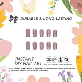 Pink Press on Nails Medium Square MABKJLF Fake Nails Flash Pink Full Cover False Nails with Nail Glue Glitter Glossy Glue on Nails Acrylic Nails Manicure Artificial Nails for Women Girls 24Pcs