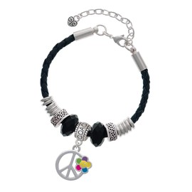 Delight Jewelry Silvertone Large Multicolored Daisy on Peace Sign - Coach Celtic Knot Leather Bead Bracelet, 7"+2" Extender