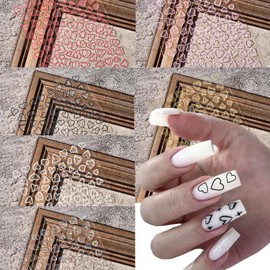 6 Sheets Heart Nail Art Stickers French Heart Love Nail Decals 3D Self Adhesive Nail Designs Red Pink Black White Laser Gold Cute Hollow Out Heart Nail Sticker for Women DIY Valentines Nail Decoration
