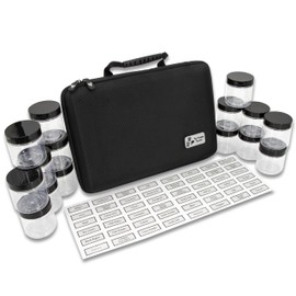 CASEMATIX Primitive Gourmet Camping Spice Kit With 15 PET Food Grade Plastic Travel Spice Containers and Twist on Lids, 48 Spice Jar Lables and Hard Shell Travel Seasoning Kit Carrying Case