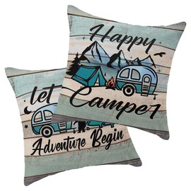 ReHeBaZi Happy Camper Pillow Covers Set of 2, Vintage Decorative Camping Pillow Cover Camper Decorations for Inside Gifts for Outdoor Travel Pillowcases for RV Couch Living Room (Insert Excluded)