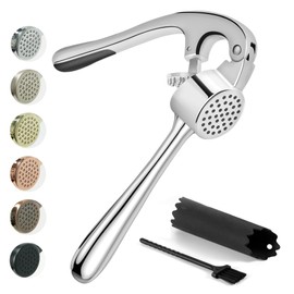 Kitessensu High Effective Premium Garlic Press Set, With Silicone Garlic Peeler & Brush, Heavy Duty Garlic Mincer, Easy to Squeeze and Clean, Rust Proof & Dishwasher Safe - Gloss Silver