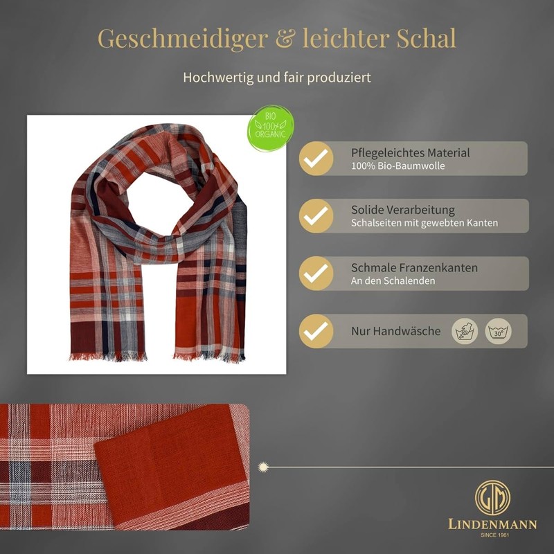 LINDENMANN Men's Scarf Light 100% Organic Cotton Red, red, Unit
