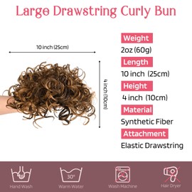 HOOJIH Curly Hair Bun, Messy Bun Hair Piece Elastic Drawstring Messy Bun Large Full Hair Bun Extension Hairpiece Short Synthetic Ponytail Extension for Women - Chocolate Brown with Golden Highlights