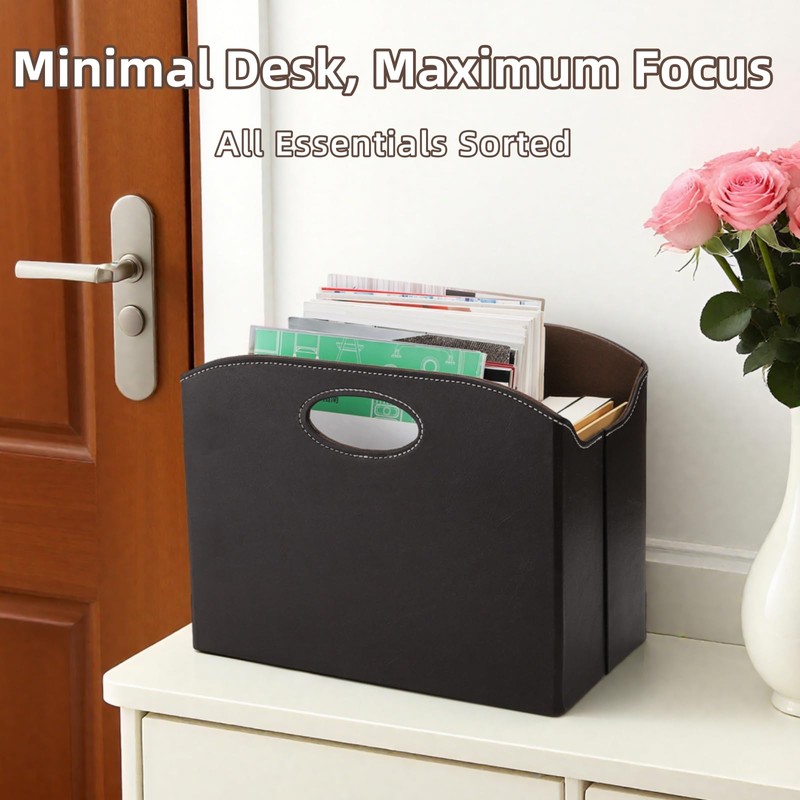 WRINGKIT PU Leather Magazine File Holder, Foldable Magazine Basket with