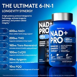 Suplemento NAD de 600 mg para hombres y mujeres con resveratrol, CoQ10, PQQ, TMG y Apigenina - Complejo de energía celular y longevidad 6 en 1 - Cápsu