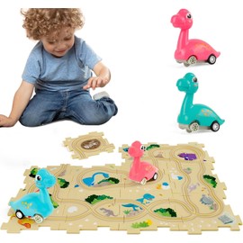 Carrtan Dinosaur Track Puzzles Toys for Ages 2-4 with 2 Dino Cars, Puzzle Racer Kids Car Track Set, Montessori Toys for 3 4 5 6 Year Old Boys, Gifts for 3 4 5 6 Year Old Boys, 2-4 Year Old Toys