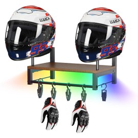 Helmet Holder Wall Mount with RGB Strip Light, Helmets Mount Motorcycle Helmet Rack with 6 Glove Clips for Motorcycle Outdoor Sports Gear