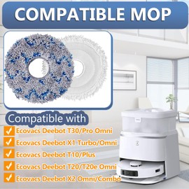 Pack of 8 Replacement Wipes Compatible with Ecovacs Deebot T30 OMNI/T20 OMNI/X1 Turbo/X1 OMNI / X1 E OMNI / T10/ T10 Plus/ X2 OMNI/ X2 Combo Mop Mop Pads, Reusable and Washable