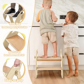 Reeple Wooden Step Stool, 300 lb. Load Capacity, with Safety Non-Slip Pads and Handles, Bamboo Step Stool for Bathroom and Kitchen, Children's Double Height(Log Color)