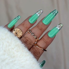10 Pcs Handmade Press on Nails ( L, Mint Butterflies / Minty Green Silver with Glitter French Tips Holo Butterflies / Long Coffin) A021L