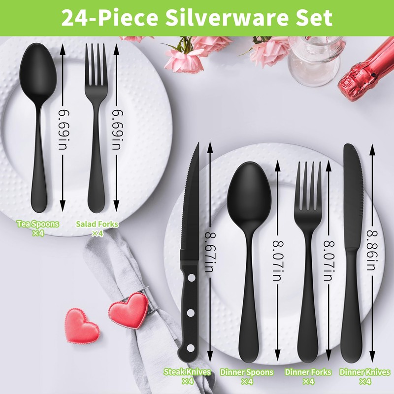 24-Piece Black Silverware Set with Steak Knives, Stainless Steel Flatware