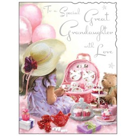 Birthday / Greetings Card (JJ1429) Special Great Granddaughter - Tea Party - Silver Embossed