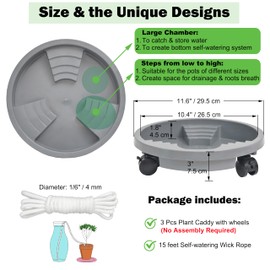 3 Pack 11 inch Plant Caddy with Lockable Wheel, Drainage & Self-watering Design, Movable Wheeled Round Planter Stand Coaster Trolley, Flower Pot Dolly Rack Tray on Rolling Caster Roller Indoor Outdoor