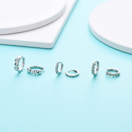 Silver Hoops Earrings for Women, 3 Pairs S925 Sterling Silver Small Hoop Earrings with Cubic Zirconia Daisy Huggie Silver Sleeper Earrings for Women Girls Jewellery Gift, 8/10/12mm