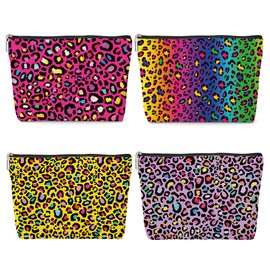 4 Pack Rainbow Leopard Print Makeup Bag Cosmetic Bags，Leopard Decor Gifts for Women Cheetah Lovers Daughter Girl Friend Sister Niece Nurse Friendship Anniversary Christmas Waterproof Toiletry Bag