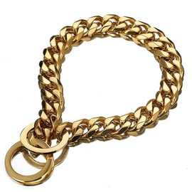 Aiyidi Gold Chain Dog Collar 11/15/19mm Wide Stainless Steel Cuban Link P Chain Chew Proof Collar Training Walking for Small, Medium and Large Dogs 12in-26in (19mm,12'')