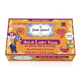 SANTO AMARO Artisanal Wild Tuna in Olive Oil & Turmeric Curry (3 Pack, 120g Each) 100% Natural - GMO FREE - Pole & Line Caught Skipjack Light Tuna - Solid Pack - Low Mercury - Hand Packed in PORTUGAL